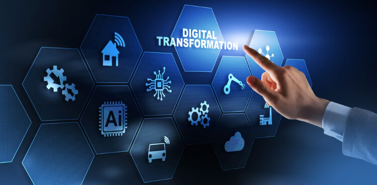 image of a hand touching a screen that says digital transformation